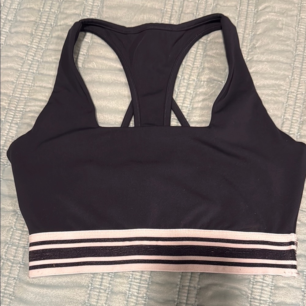 BuffBunny Black Racerback Sports Bra with Pink/Black Striped Band